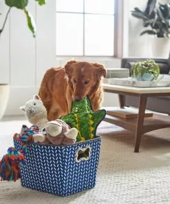 Frisco Rectangle Collapsible Pet Toy Storage Bin, Navy Herringbone