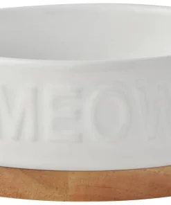 Frisco Round Meow Non-skid Ceramic Cat Bowl with Wood Base, 1.25 cups