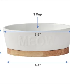 Frisco Oval Meow Non-skid Ceramic Cat Bowl with Wood Base, 1 Cup -The Frisco Store 256080 PT1. SY630 V1616074139
