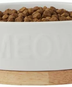 Frisco Oval Meow Non-skid Ceramic Cat Bowl with Wood Base, 1 Cup -The Frisco Store 256080 PT3. SY630 V1615312053