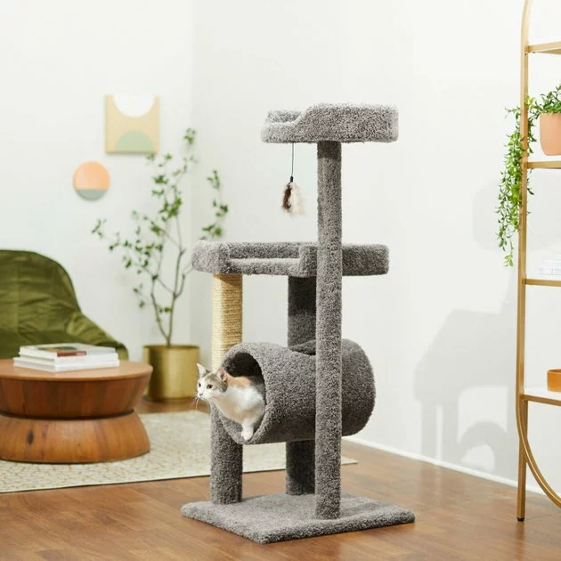 Frisco 54-in Real Carpet Cat Tree with Tunnel and Square Perches, Gray 3 Frisco 54-in Real Carpet Cat Tree with Tunnel and Square Perches, Gray