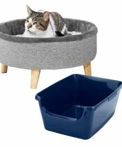 Frisco Modern Round Elevated Cat Bed + Frisco High Sided Cat Litter Box, Navy, Extra Large 24-in