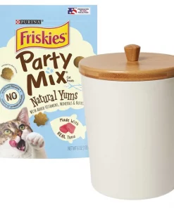 Friskies||Frisco Friskies Party Mix Natural Yums with Real Tuna Cat Treats, 6-oz bag + Frisco Melamine Dog & Cat Treat Jar with Bamboo Lid, 8 Cups