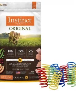 Instinct||Frisco Instinct Original Grain-Free Recipe with Real Chicken Freeze-Dried Raw Coated Dry Cat Food, 11-lb bag + Frisco Colorful Springs Cat Toy, 10 count