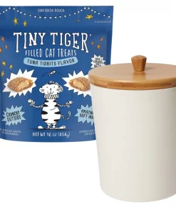 Tiny Tiger||Frisco Tiny Tiger Tuna Tidbits Flavor Filled Cat Treats, 16-oz bag + Frisco Melamine Dog & Cat Treat Jar with Bamboo Lid, 8 Cups