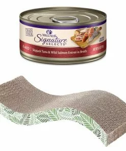 Wellness||Frisco Wellness CORE Signature Selects Flaked Skipjack Tuna & Wild Salmon Entree in Broth Grain-Free Canned Cat Food, 5.3-oz, case of 12 + Frisco Wave Cat Scratcher Toy with Catnip, Tropical Palms
