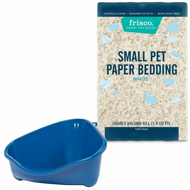 Frisco Corner Litter Box, Navy, Small + Small Animal Bedding, White 3 Frisco Corner Litter Box, Navy, Small + Small Animal Bedding, White