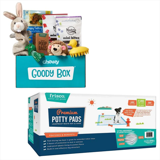 Goody Box||Frisco Goody Box Puppy Toys, Treats & Potty Training + Frisco Extra Large Training & Potty Pads, 28 x 34-in 3 Goody Box||Frisco Goody Box Puppy Toys, Treats & Potty Training + Frisco Extra Large Training & Potty Pads, 28 x 34-in