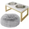Frisco Plush Pouf Pillow Bed, Large + Marble Print Stainless Steel Double Elevated Dog Bowl, 3 Cups, Gold Stand -The Frisco Store 303534 MAIN. SY630 V1625168260