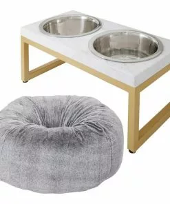 Frisco Plush Pouf Pillow Bed, Large + Marble Print Stainless Steel Double Elevated Dog Bowl, 3 Cups, Gold Stand
