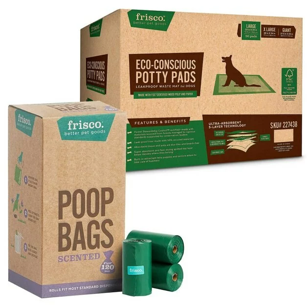 Frisco Refill Poop Bags, Scented, 120 count + Eco-Conscious Dog Training & Potty Pads, 22 x 23-in, 50 count, Unscented 3 Frisco Refill Poop Bags, Scented, 120 count + Eco-Conscious Dog Training & Potty Pads, 22 x 23-in, 50 count, Unscented
