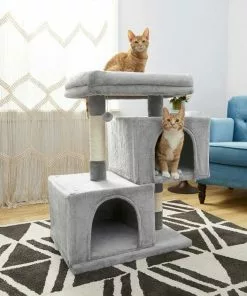 Frisco Self Warming Bolster Round Bed, Gray + 33-in Faux Fur Cat Tree & Condo, Gray -The Frisco Store 303574 PT7. SY630 V1623038540
