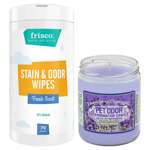 Frisco||Pet Odor Exterminator Frisco Stain & Odor Remover Wipes, 70 count + Pet Odor Exterminator Lavender & Chamomile Deodorizing Candle 3 Frisco||Pet Odor Exterminator Frisco Stain & Odor Remover Wipes, 70 count + Pet Odor Exterminator Lavender & Chamomile Deodorizing Candle