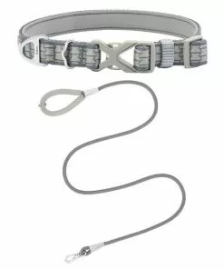 Frisco Outdoor Comfort Print Nylon Padded Collar, Medium - Neck: 14-20-in, Width: 3/4-in + Outdoor Ultra Reflective Rope Leash With Padded Handle, Stone Gray, 6 - ft