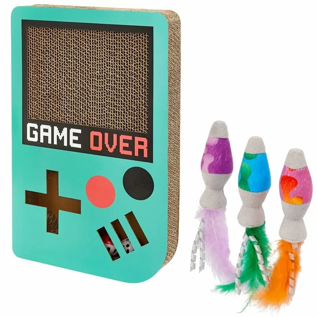 Frisco Retro Game Over Scratcher Toy + Retro Lava Lamp Plush Cat Toy with Catnip, 3 count 3 Frisco Retro Game Over Scratcher Toy + Retro Lava Lamp Plush Cat Toy with Catnip, 3 count