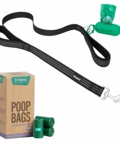 Frisco Traffic Leash with Padded Handles & Poop Bag Dispenser, Black, Length: 4-ft, Width: 1-in + Refill Dog Poop Bags, Scented, 120 count