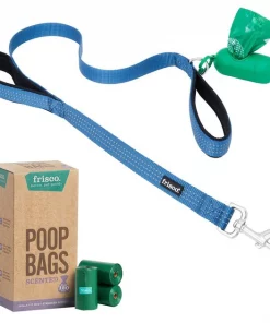 Frisco Traffic Leash with Padded Handles & Poop Bag Dispenser, Blue, Length: 4-ft, Width: 1-in + Refill Dog Poop Bags, Scented, 120 count