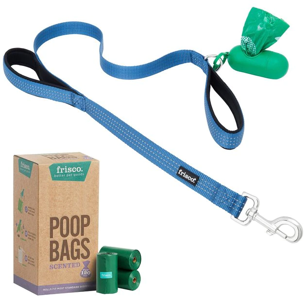 Frisco Traffic Leash with Padded Handles & Poop Bag Dispenser, Blue, Length: 4-ft, Width: 1-in + Refill Dog Poop Bags, Scented, 120 count 3 Frisco Traffic Leash with Padded Handles & Poop Bag Dispenser, Blue, Length: 4-ft, Width: 1-in + Refill Dog Poop Bags, Scented, 120 count