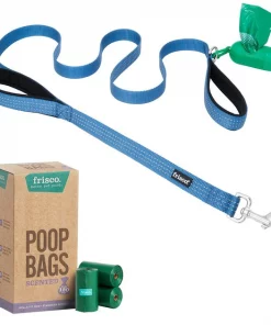 Frisco Traffic Leash with Padded Handles & Poop Bag Dispenser, Blue, Length: 6ft, Width: 1-in + Refill Dog Poop Bags, Scented, 120 count